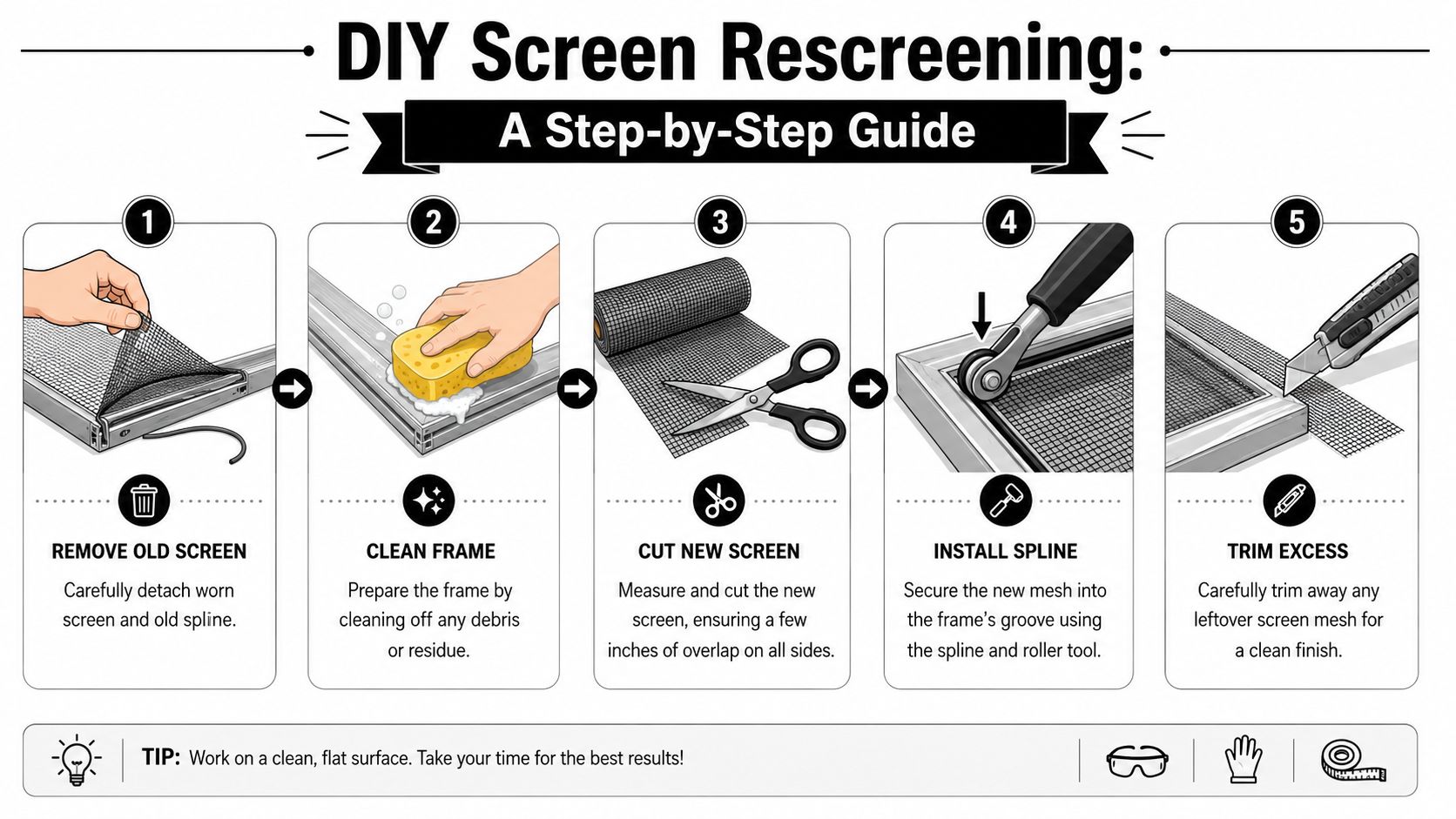 A five-step infographic guide demonstrating how to replace a window screen frame at home.