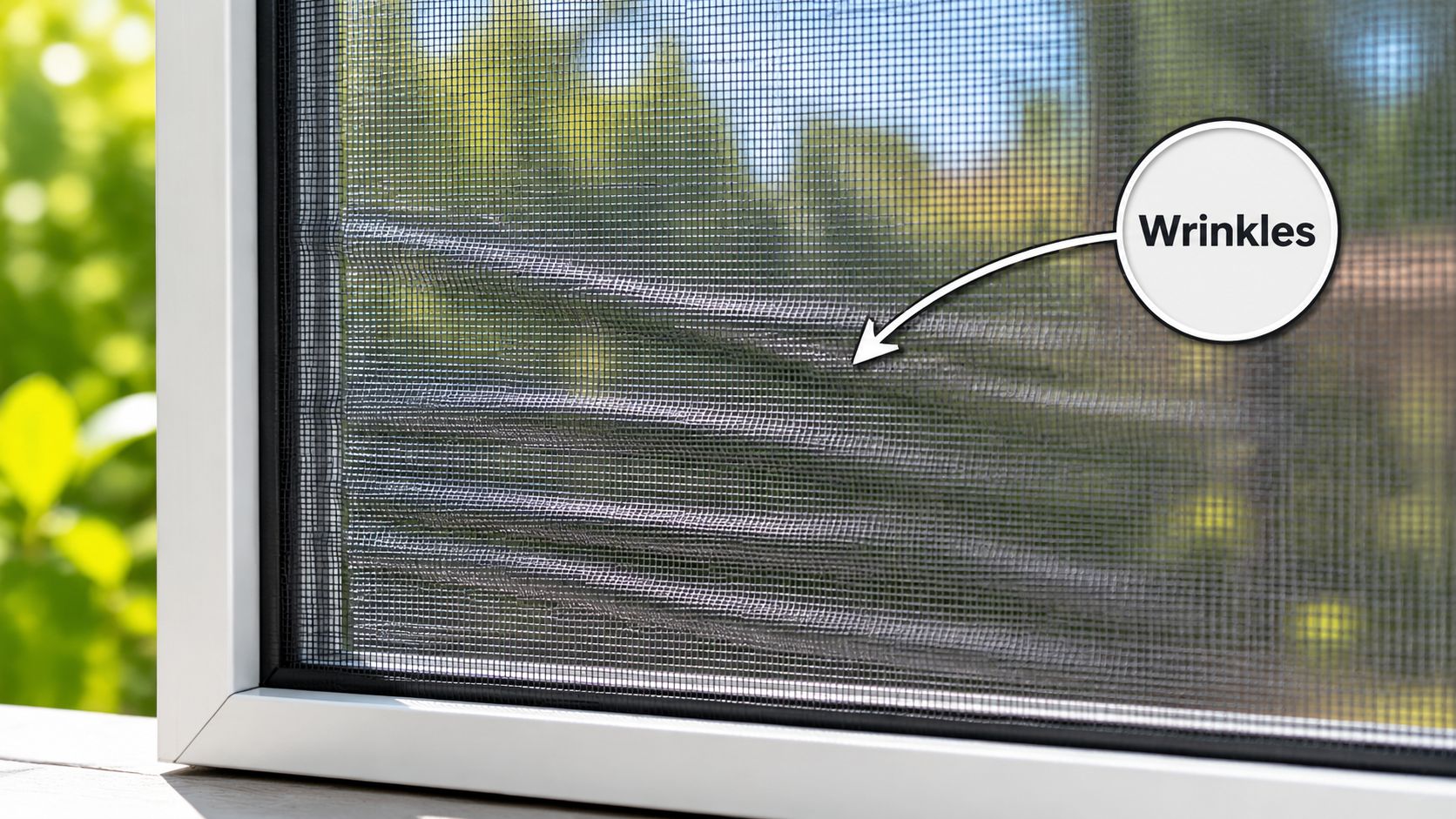 A close-up view of a window screen showing visible horizontal wrinkles and ripples in the mesh material.
