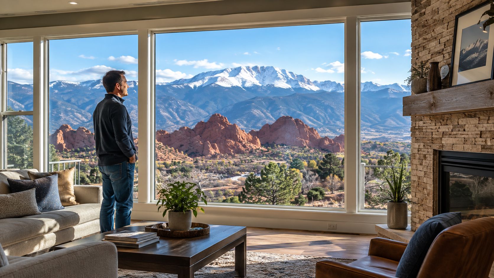 A man stands in a luxury living room looking out large windows at Pikes Peak mountains.
