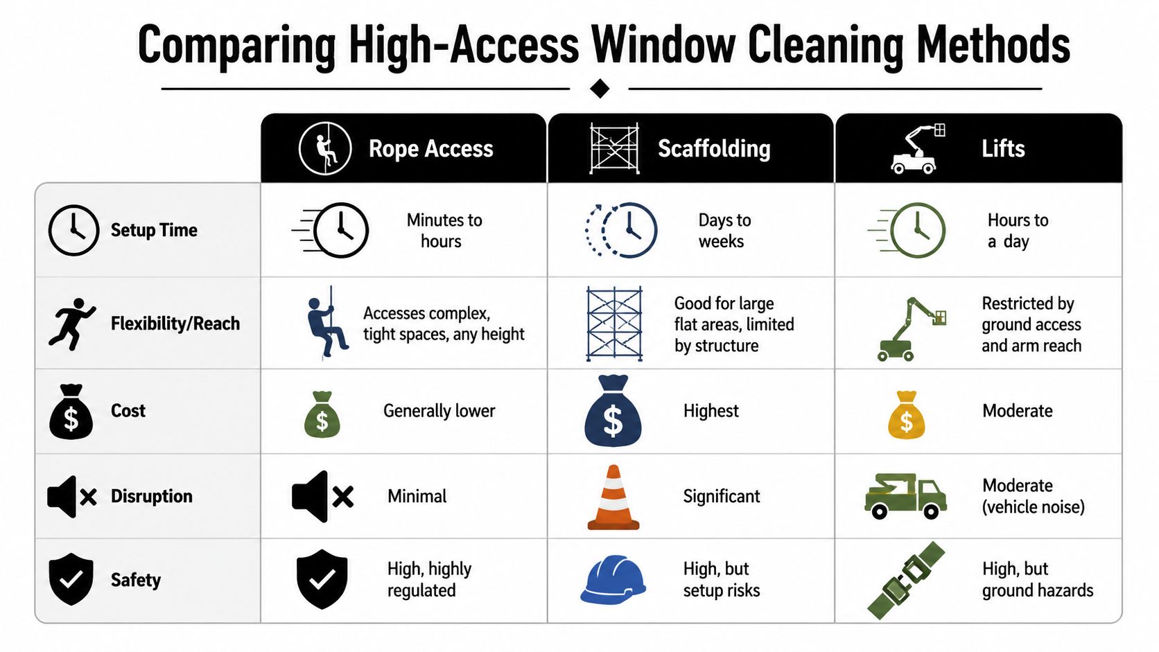 A comparison chart outlining the setup time, flexibility, cost, disruption, and safety of rope access, scaffolding, and lift methods.