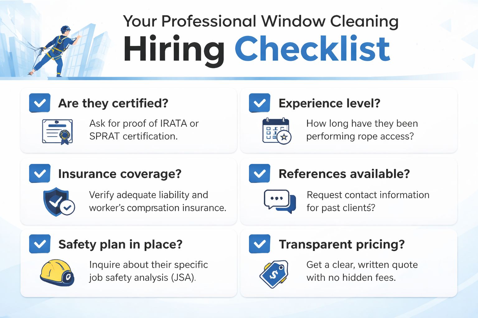 A professional window cleaning hiring checklist graphic covering certification, insurance, experience, references, safety plans, and pricing.