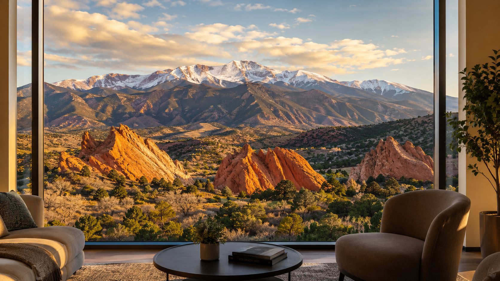 A modern living room with large floor-to-ceiling windows overlooking the scenic Garden of the Gods and mountains.