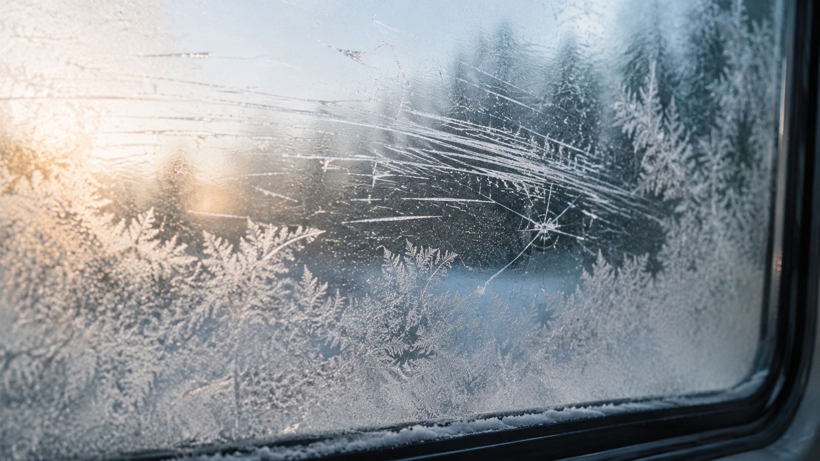 A close-up view of a frosted train window featuring icy fern-like patterns and a spiderweb crack.