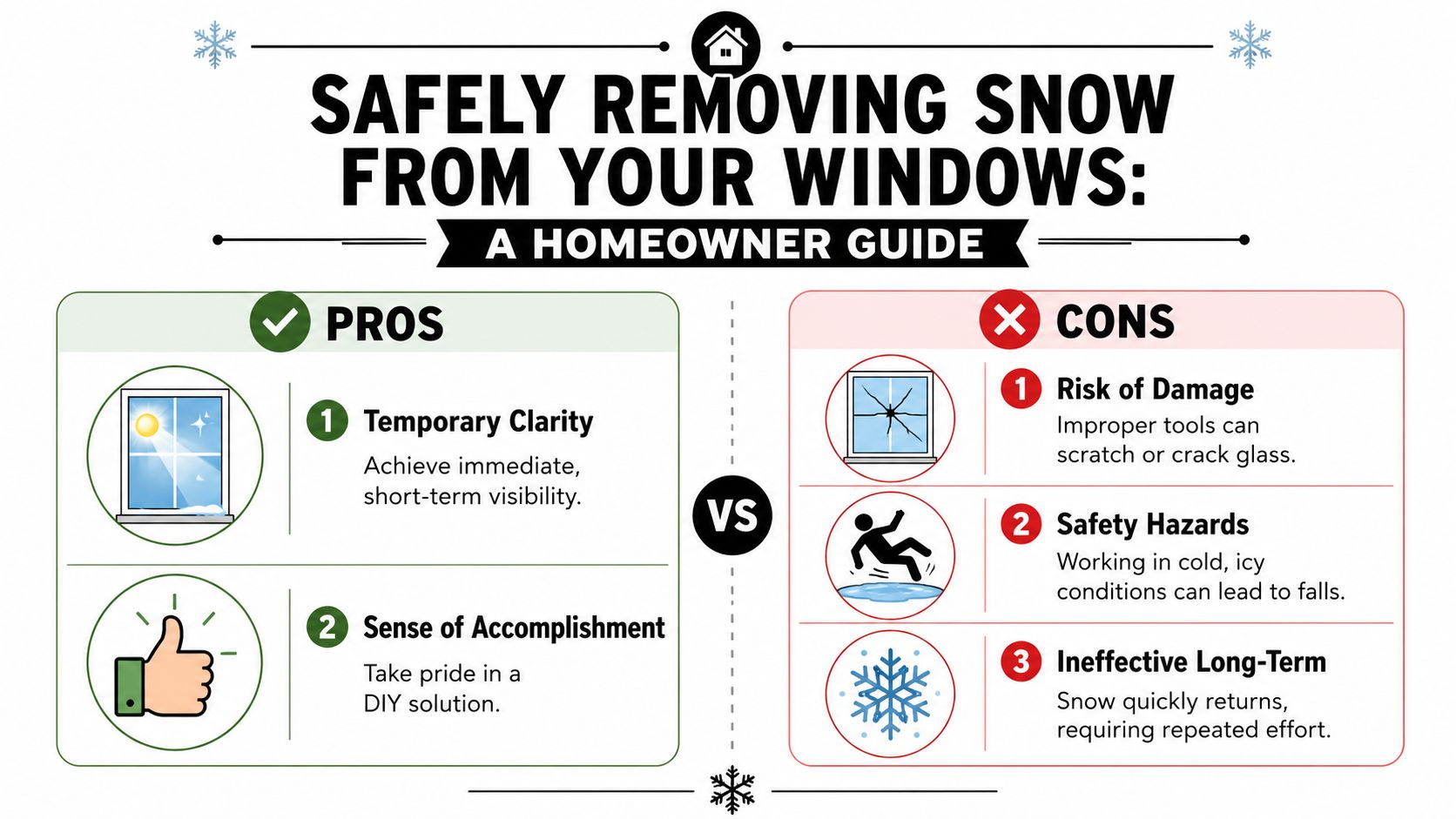 A comparison infographic titled Safely Removing Snow From Your Windows listing the pros and cons for homeowners.