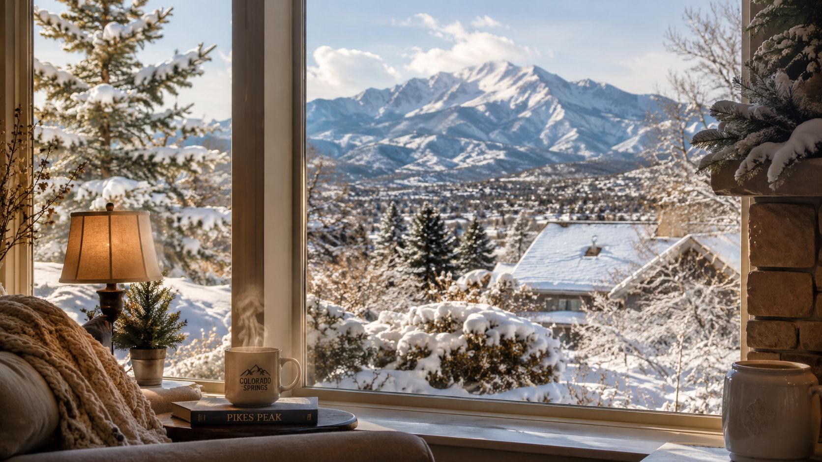A cozy indoor scene overlooking a snow-covered mountain landscape with a steaming mug and book.