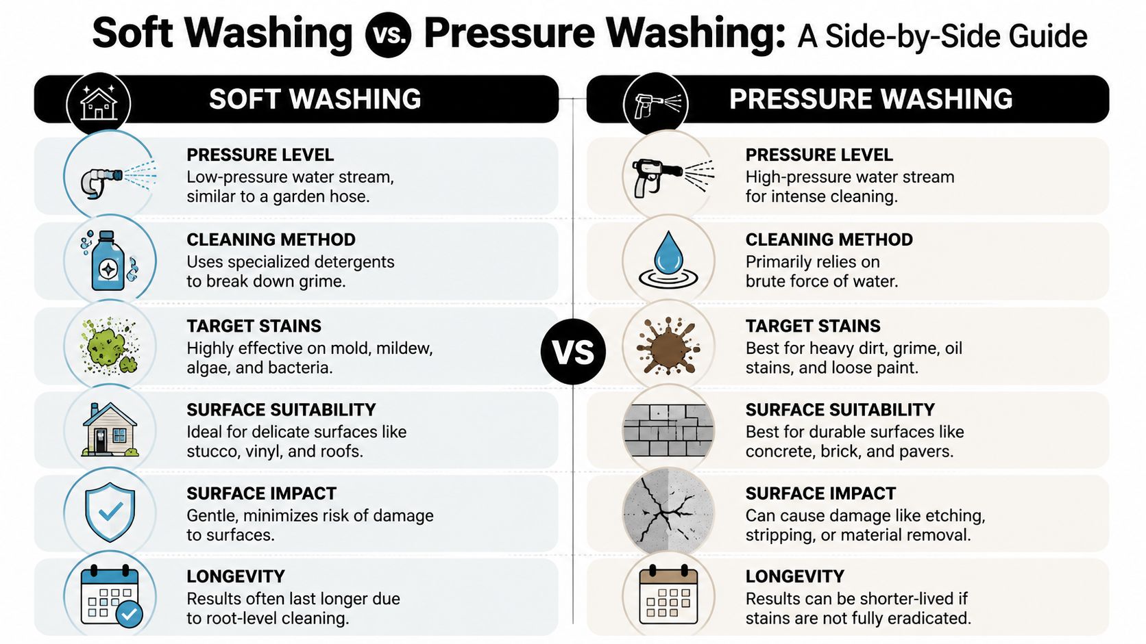 A comparison chart outlining the key differences between soft washing and pressure washing cleaning methods.