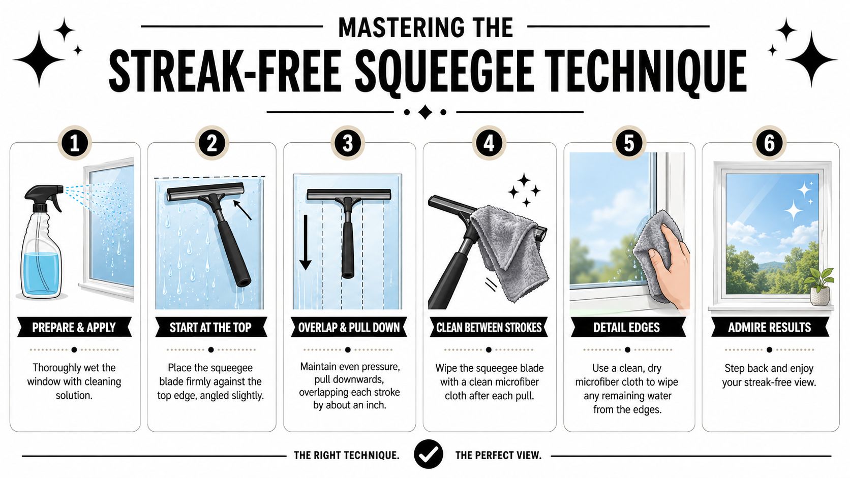 An instructional infographic demonstrating the six-step process for achieving a professional streak-free window cleaning result.