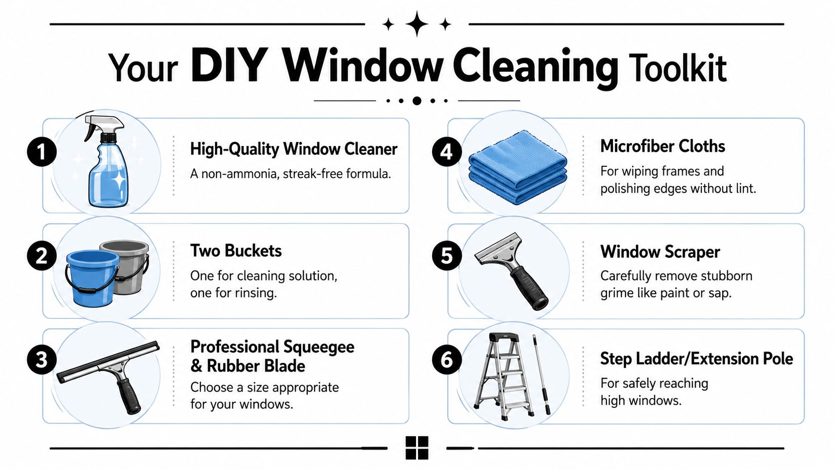 A visual guide showing six essential items for a DIY window cleaning toolkit including tools and supplies.