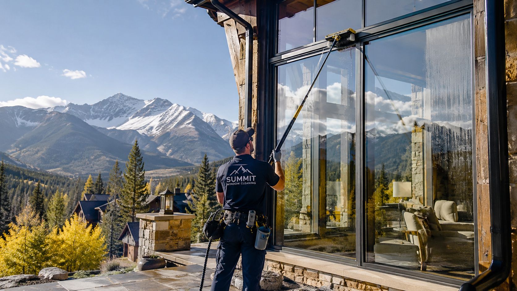 A professional window cleaner using a water-fed pole to clean large glass windows on a luxury mountain home.