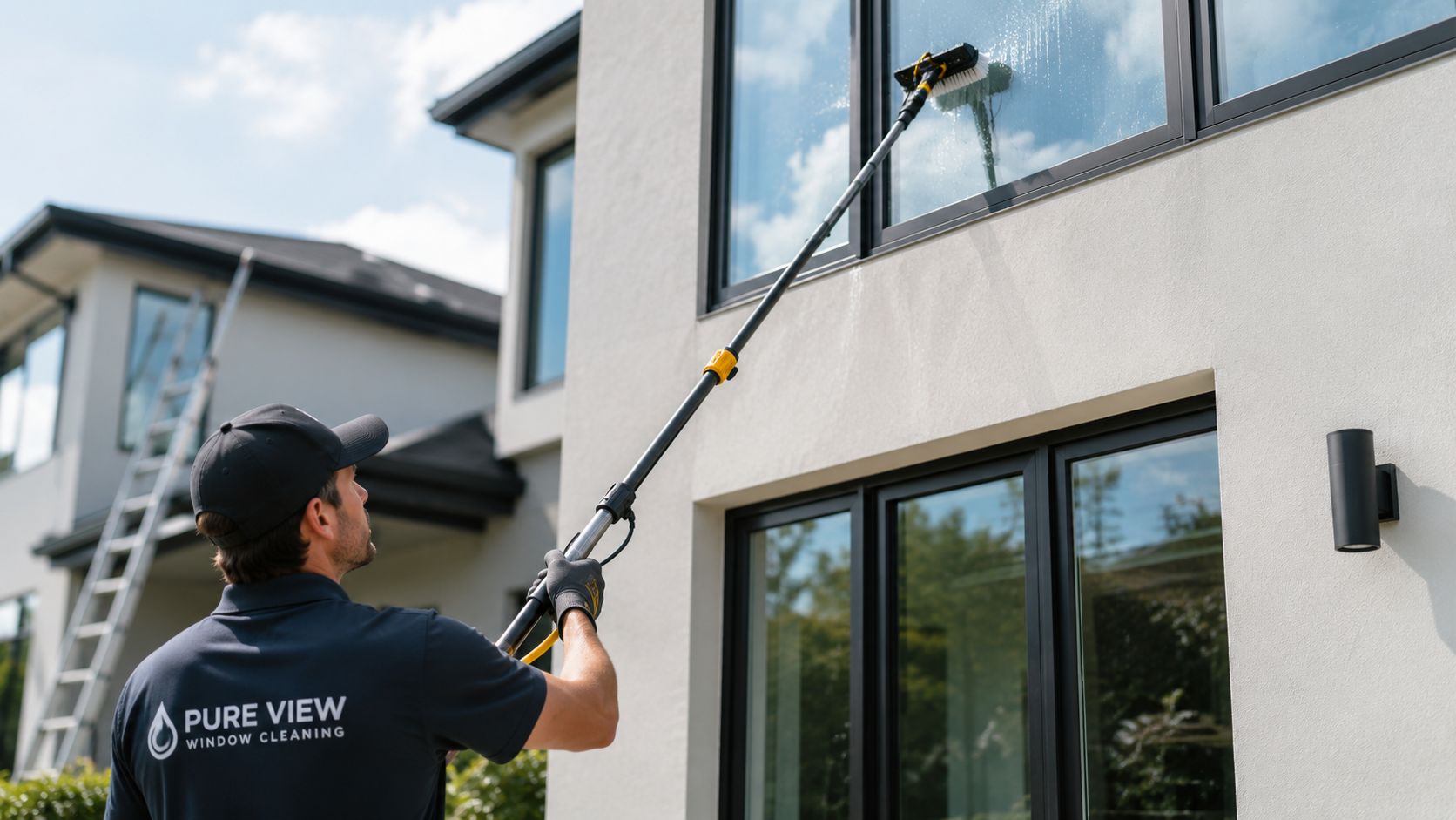 A professional window cleaner using a water-fed pole to clean the second-story windows of a modern home.