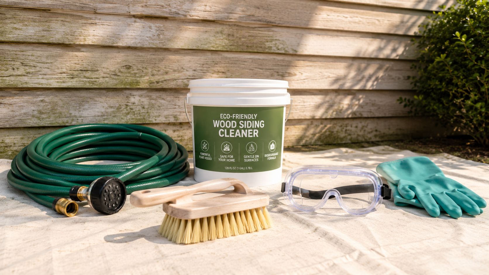 A bucket of wood siding cleaner, a hose, a brush, safety goggles, and gloves for cleaning exterior walls.