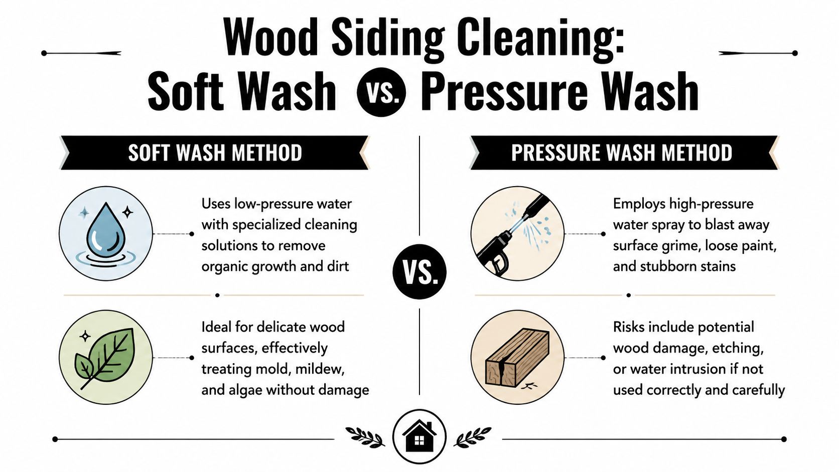 A comparison infographic detailing the differences between soft wash and pressure wash methods for cleaning wood siding.
