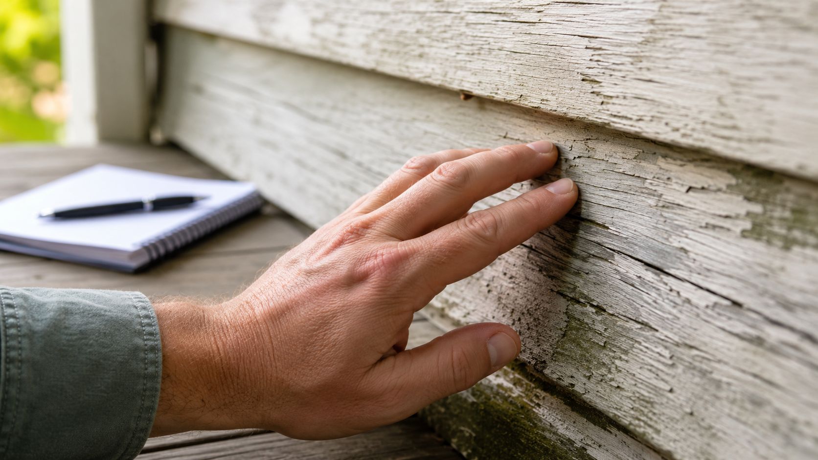 A close-up view of a person's hand inspecting weathered wood siding on the exterior of a house.