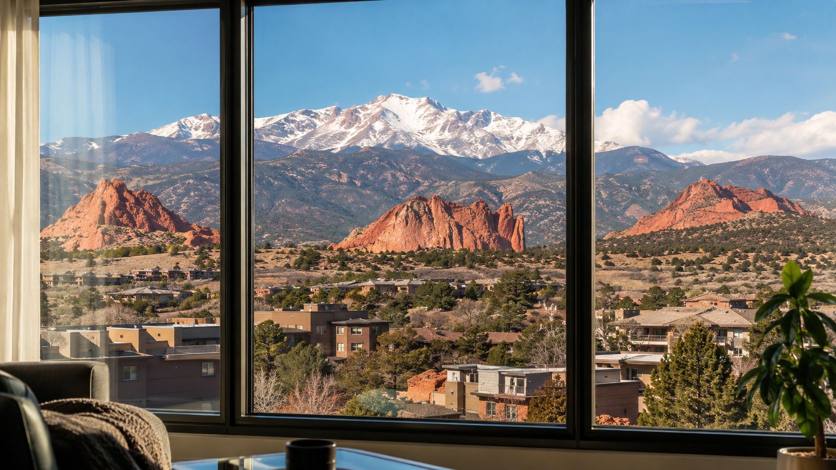 A breathtaking view of the Colorado mountains through a modern apartment window on a clear day.