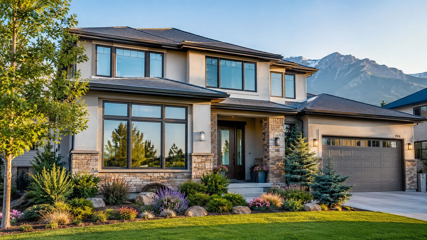 A modern two-story luxury home featuring large windows, stone accents, and manicured landscaping under a clear sky.