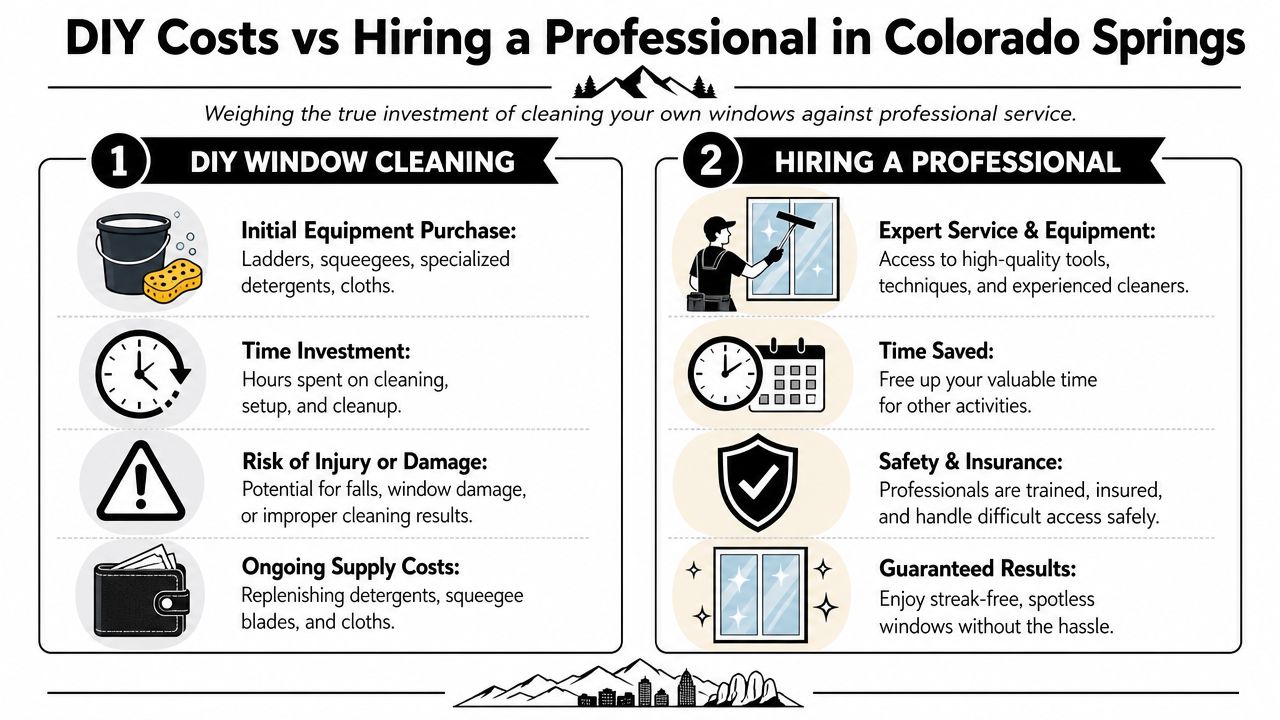 A comparative infographic showing pros and cons of DIY window cleaning versus hiring a professional service.