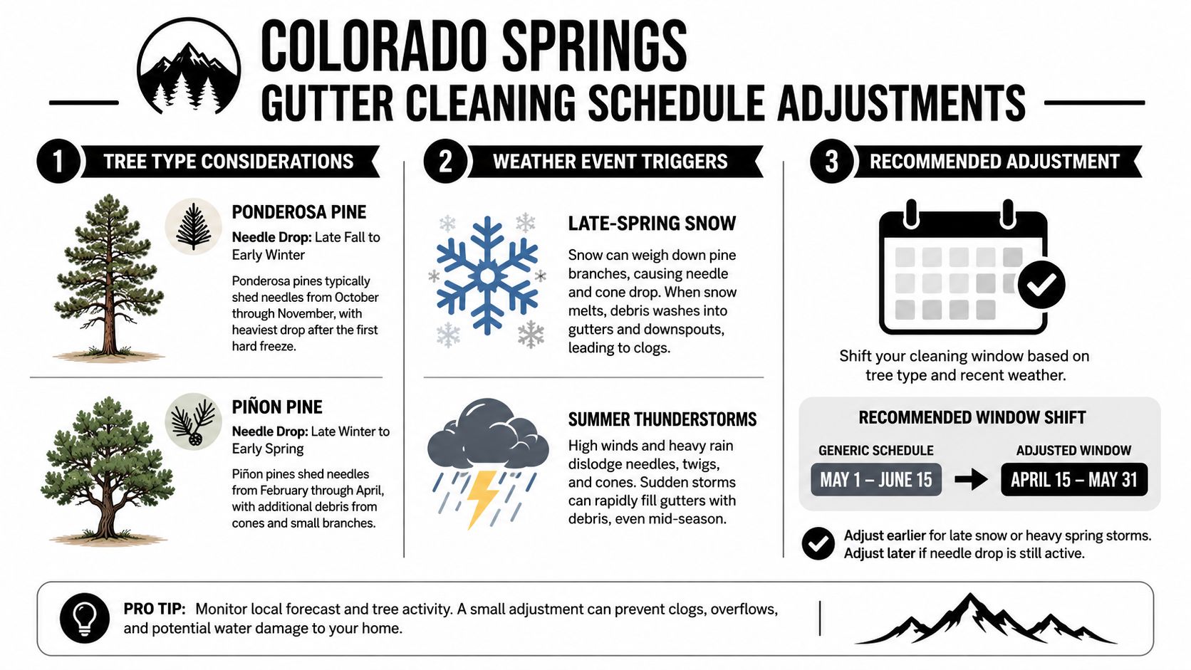 An infographic detailing gutter cleaning schedule adjustments based on tree types and local weather in Colorado Springs.