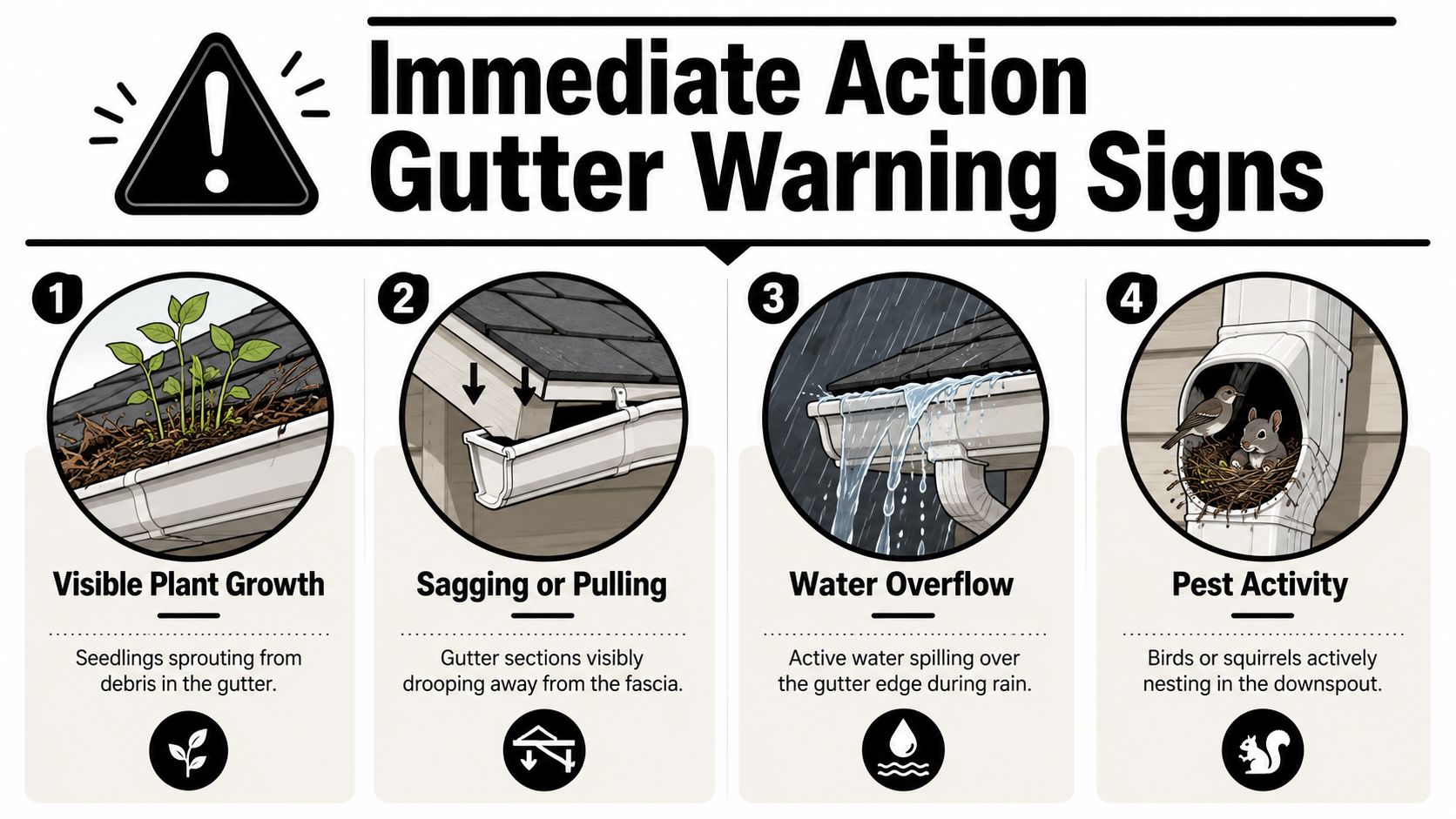 An infographic illustrating four warning signs of damaged gutters, including plant growth, sagging, water overflow, and pests.