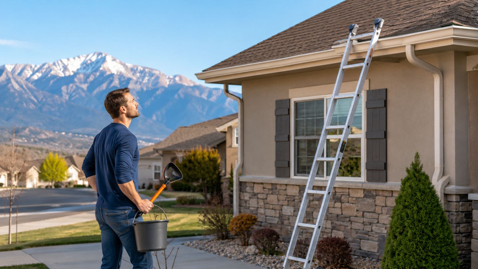 A man in a blue long-sleeve shirt holding a bucket, looking up at his home's gutter system.