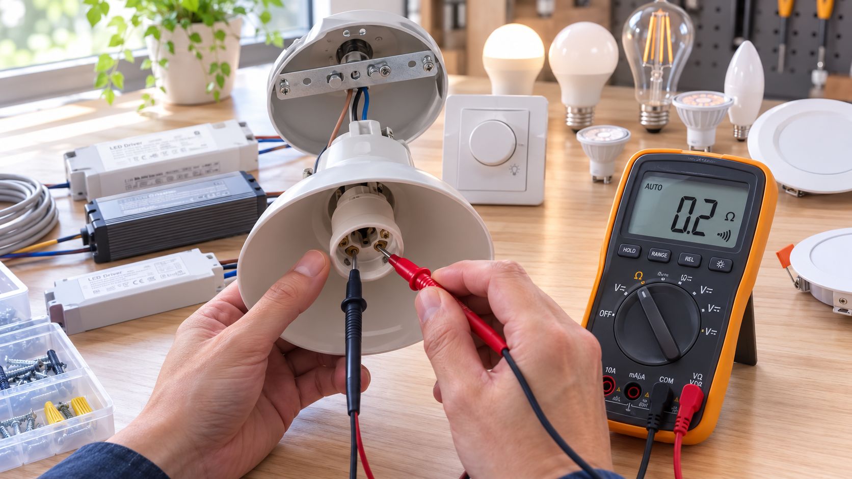 A technician using a multimeter to test the electrical connectivity of a dismantled ceiling light fixture.