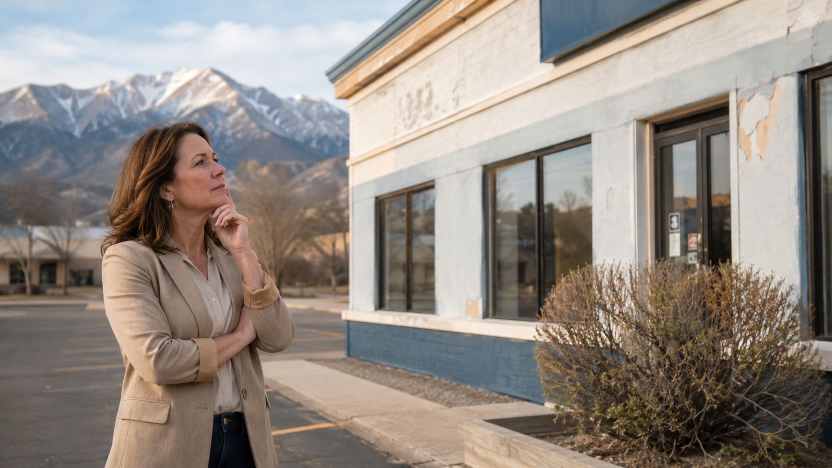 A professional woman in a beige blazer stands thoughtfully, evaluating a weathered building exterior with mountain scenery.
