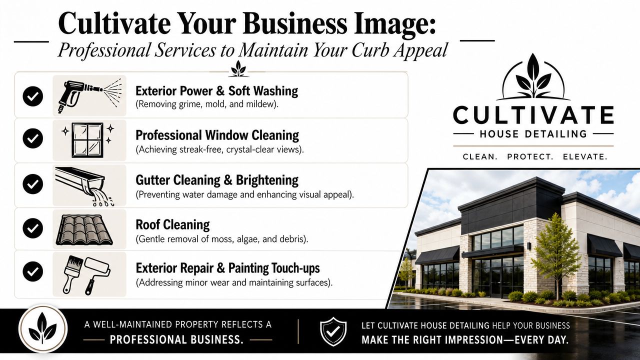 A service flyer for Cultivate House Detailing showcasing exterior maintenance services to improve commercial business curb appeal.