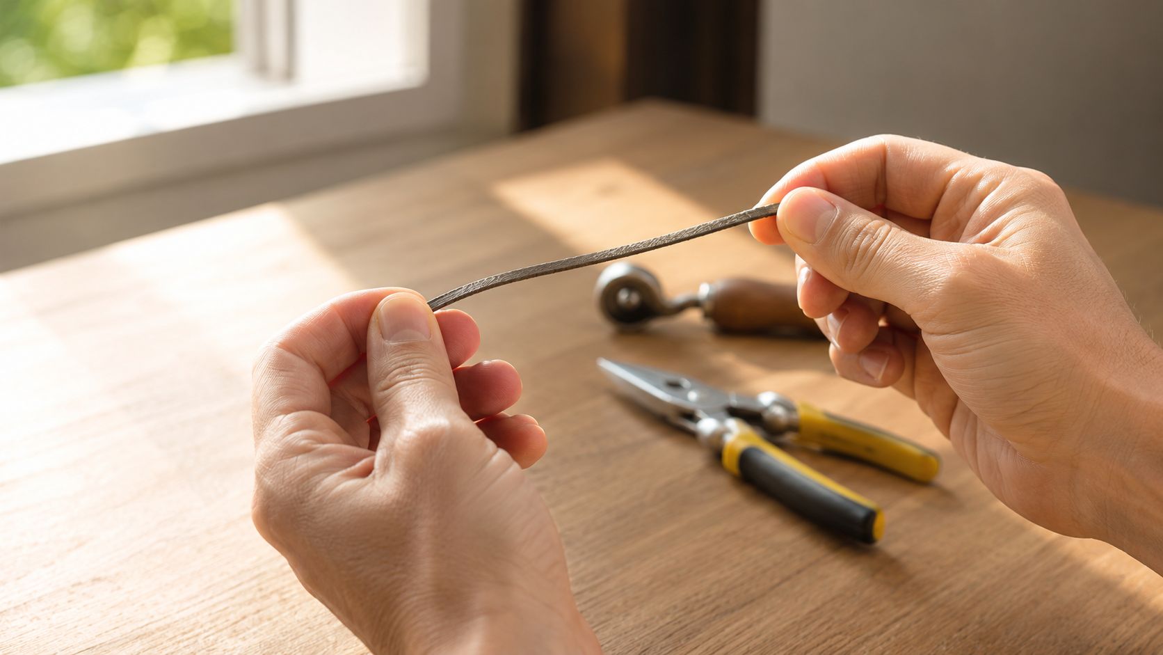 A close-up view of hands holding a piece of old rubber screen spline for home repair.