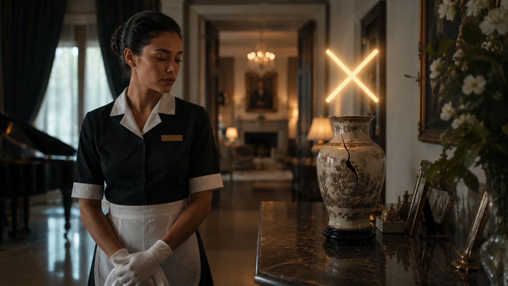 A maid stands sadly beside a broken antique porcelain vase on a table in a luxurious home.