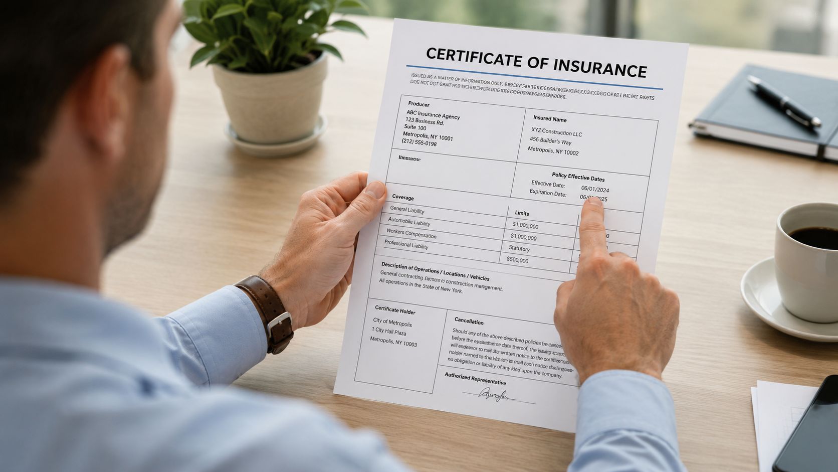A person reviewing a professional certificate of insurance document while sitting at a wooden office desk.