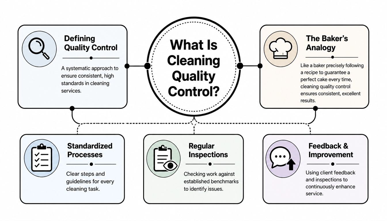 A diagram explaining cleaning quality control through standards, processes, inspections, and feedback loops.