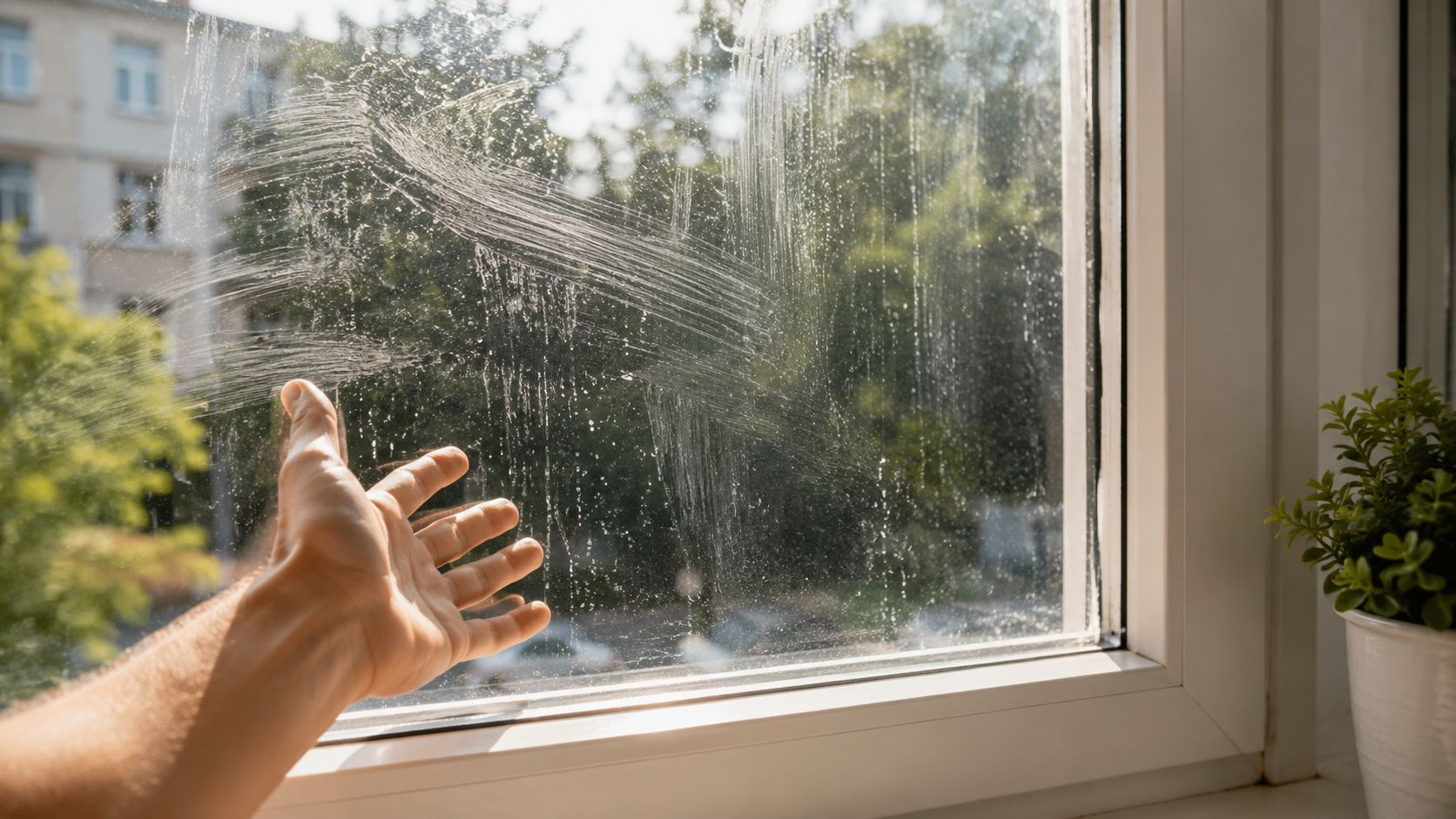 A hand reaching toward a dirty glass window with streaks and smudges, showing poor cleaning results.