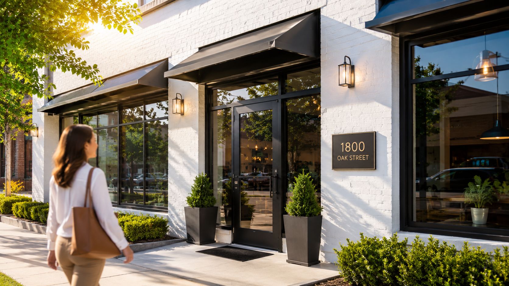 A woman walks toward the entrance of a modern office building with white brick walls and black awnings.