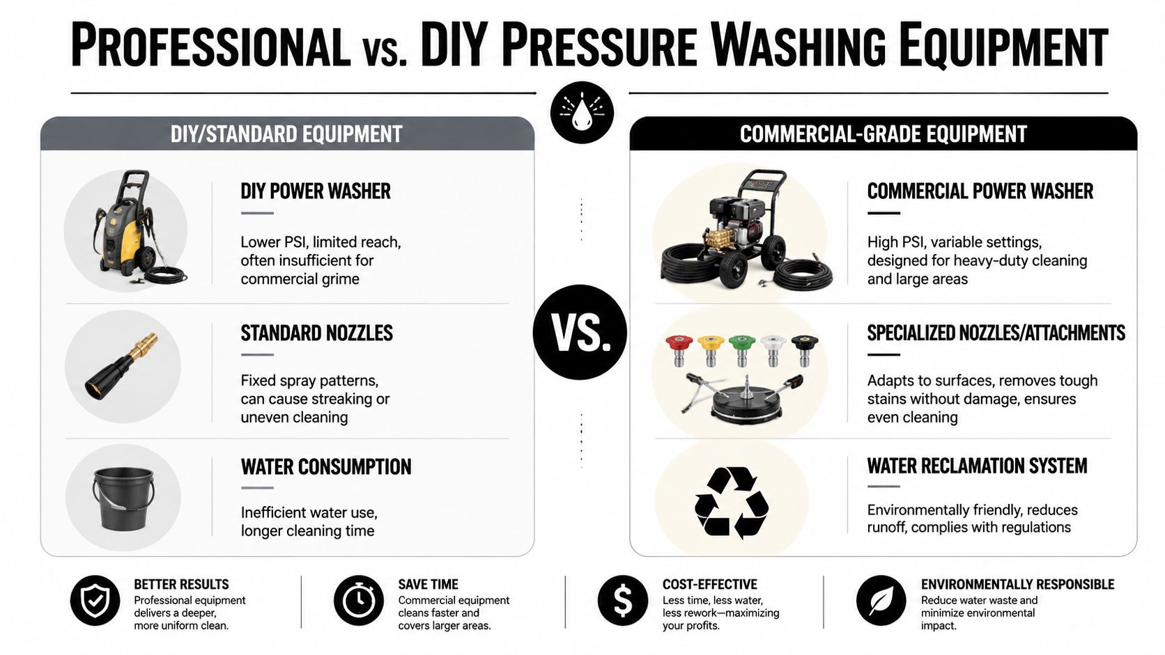 A comparison chart showing the differences between DIY home pressure washing equipment and professional commercial cleaning machinery.