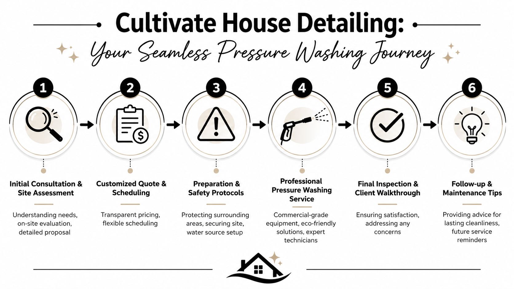 A six-step diagram illustrating the professional house pressure washing service process from consultation to follow-up maintenance.