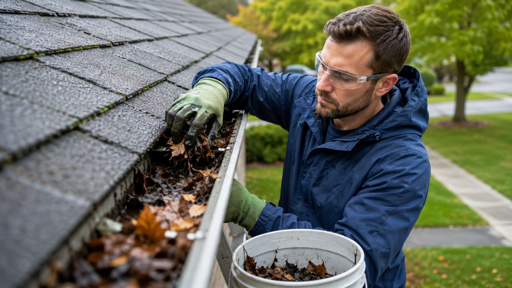 A professional man cleaning wet leaves from a residential house roof gutter while wearing protective safety glasses.