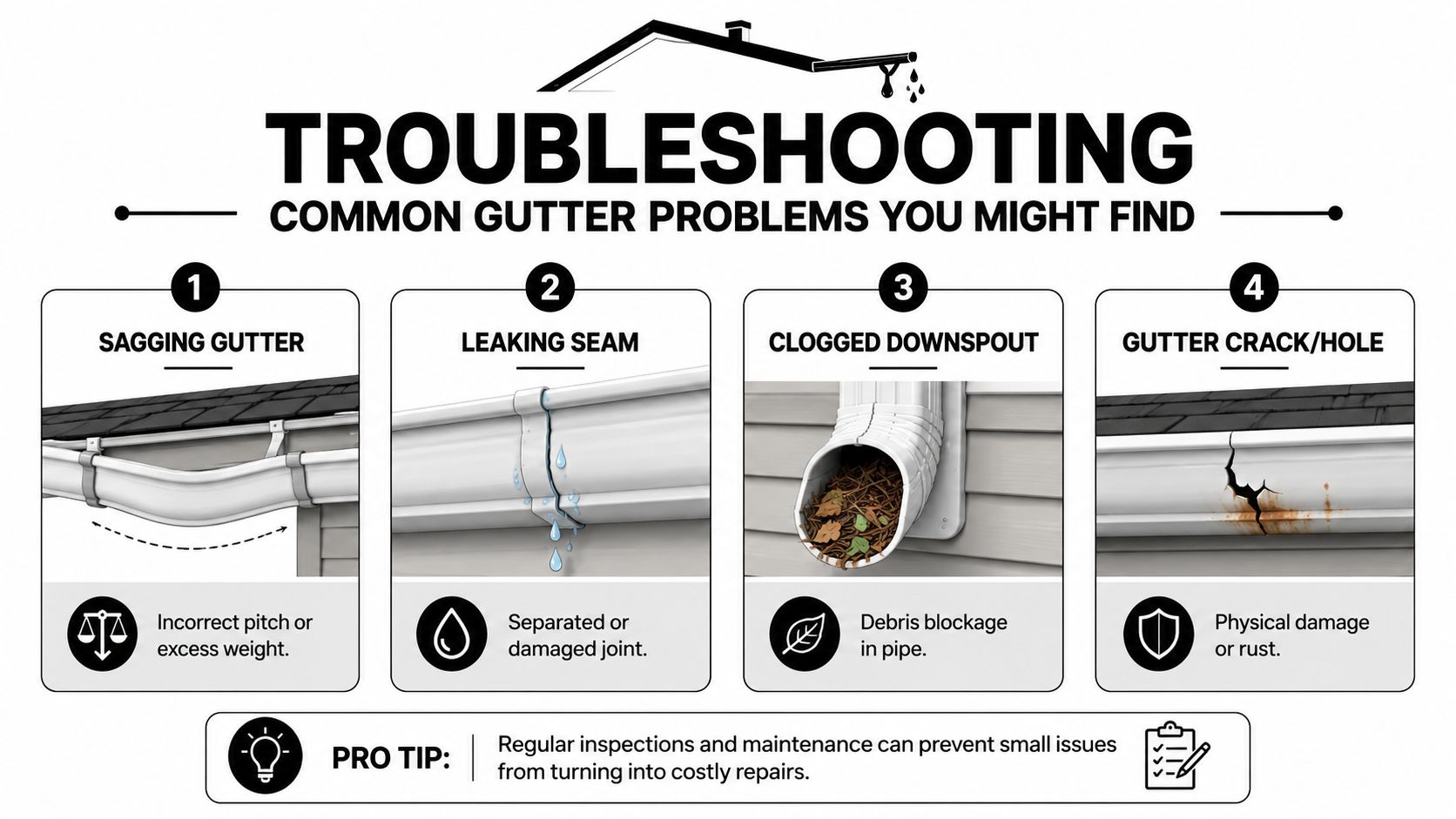 An infographic showing common gutter problems like sagging, leaking seams, clogged downspouts, and cracks or holes.