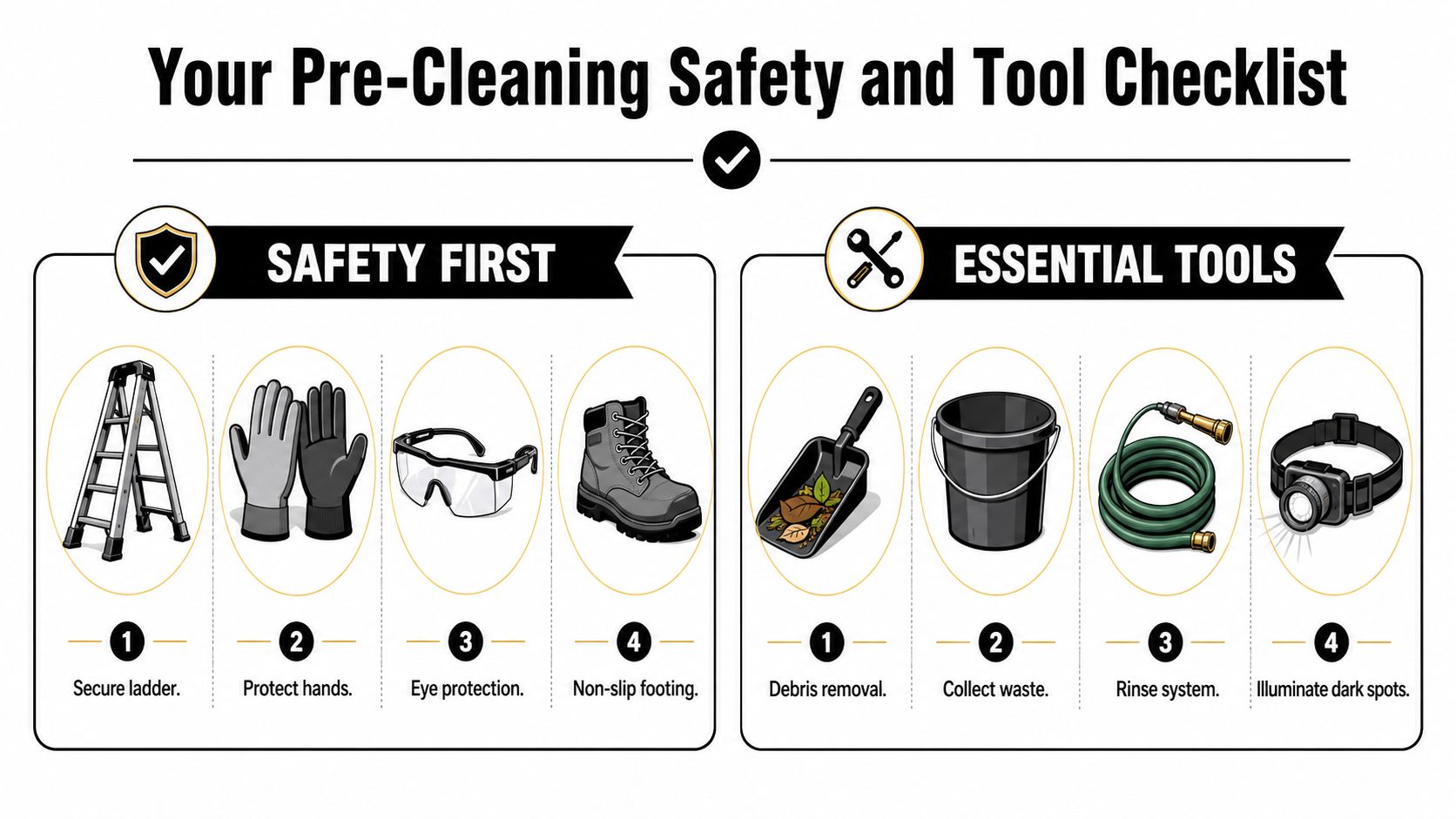 A safety and tools checklist for cleaning with icons representing ladder, gloves, goggles, boots, shovel, bucket, hose, and headlight.