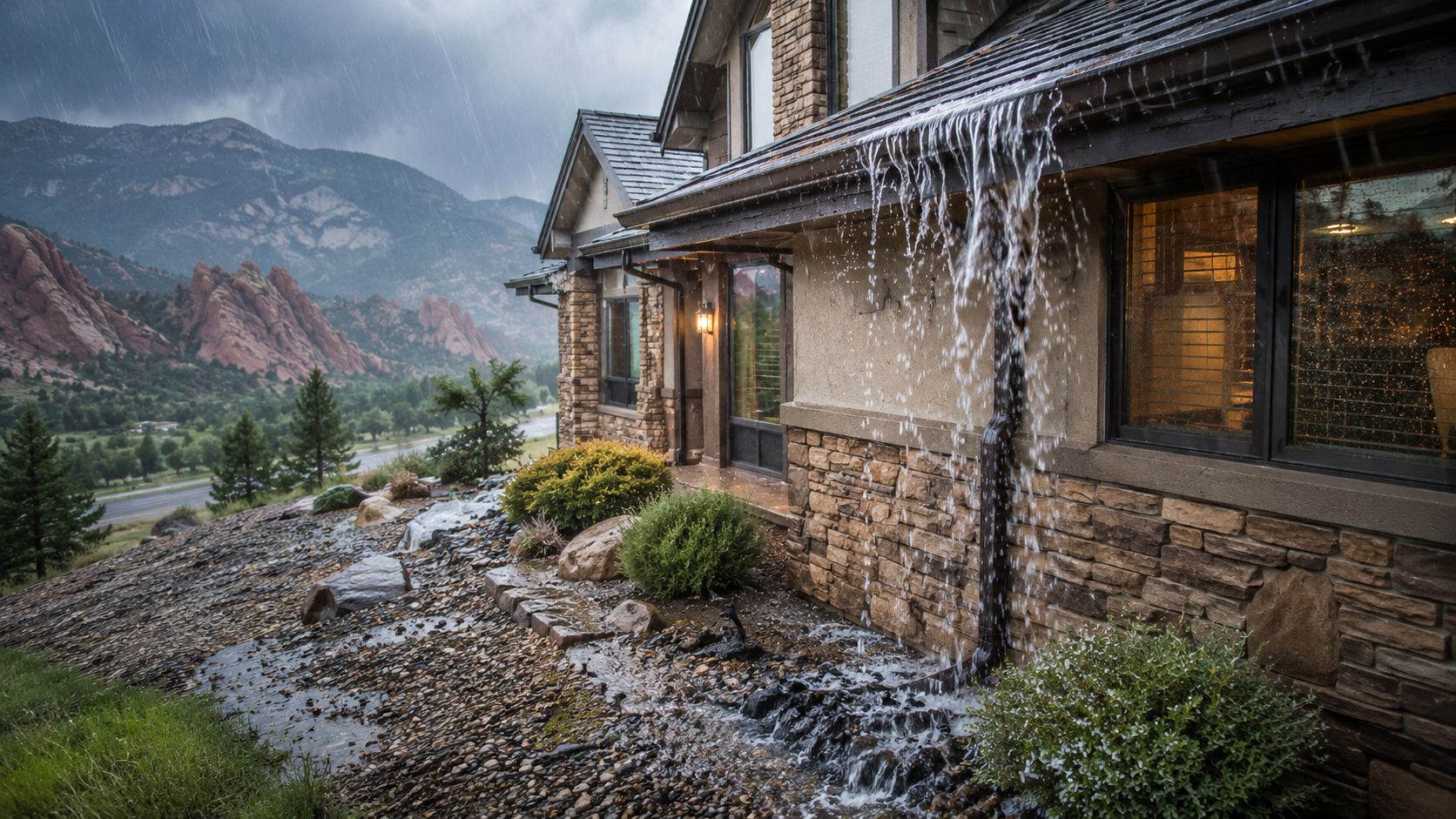 Heavy rain cascading off a roof onto a residential stone patio during a stormy day in mountains.