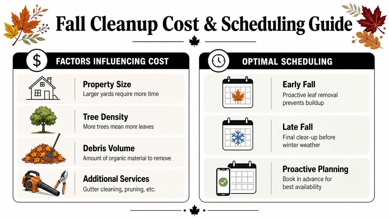 A helpful infographic guide outlining factors influencing fall cleanup costs and optimal scheduling for yard maintenance.