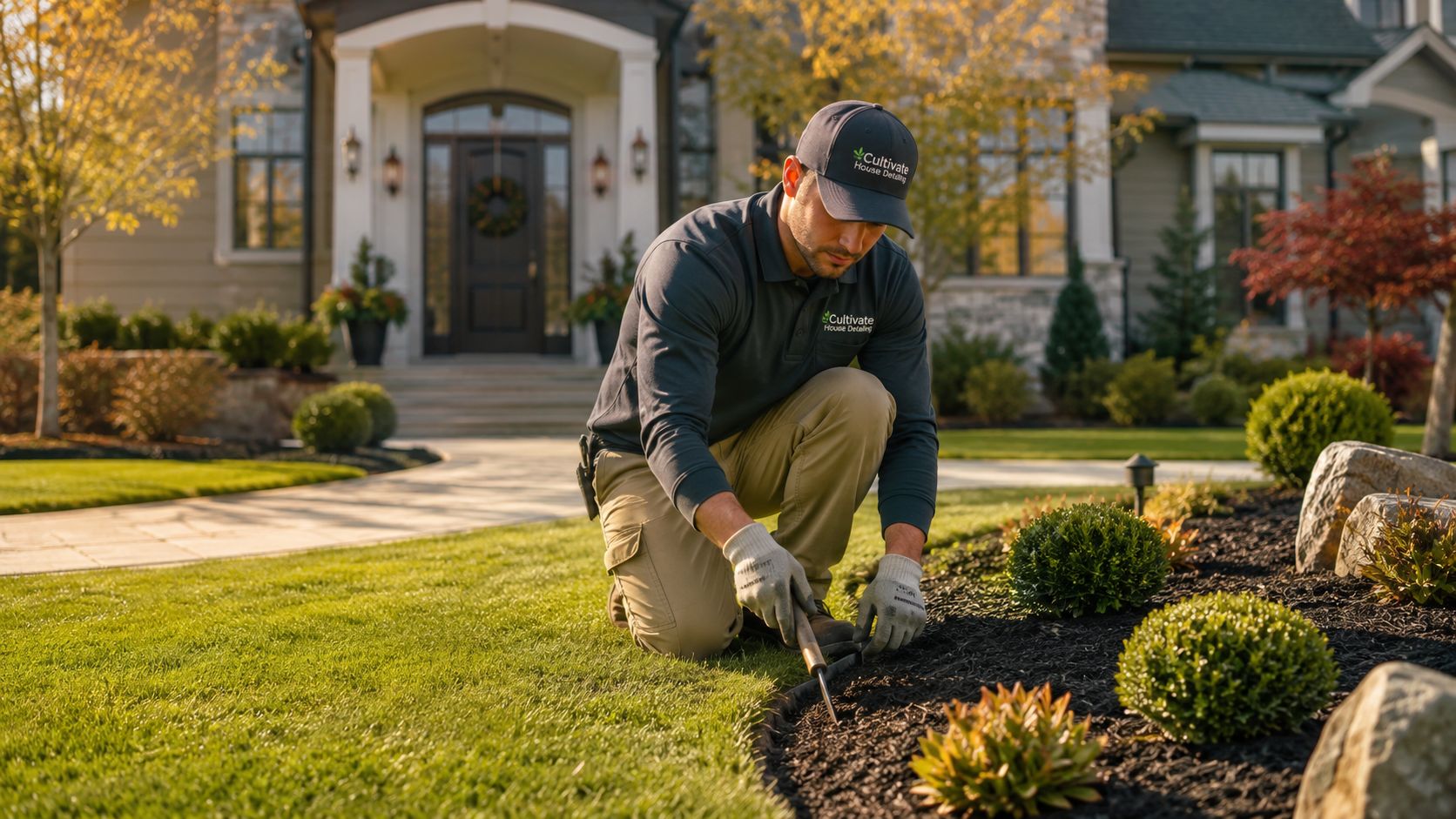 A professional landscaper wearing a branded cap and gloves edging garden beds during autumn maintenance.