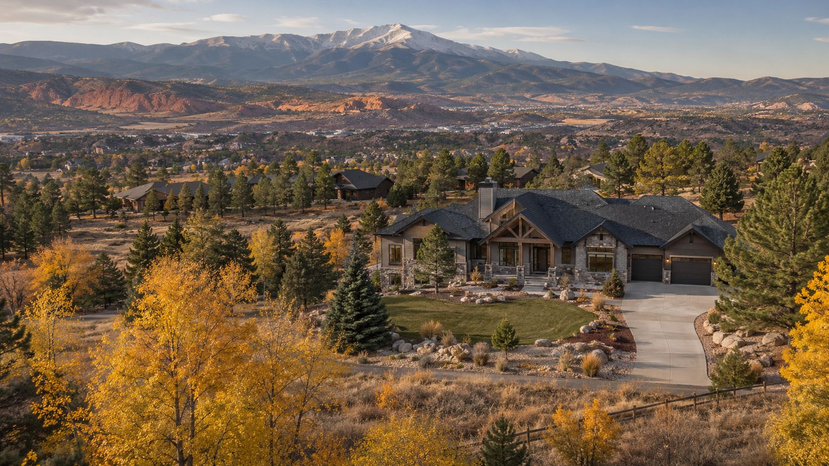 A luxurious mountain house nestled in a scenic autumn landscape with golden trees and snow-capped peaks.