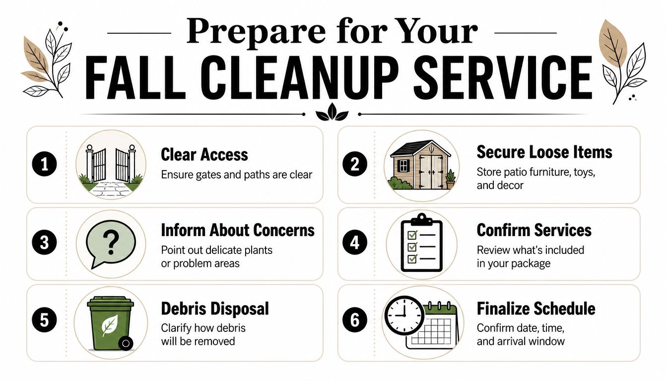 An infographic titled Prepare for Your Fall Cleanup Service listing six numbered steps for homeowner preparation.