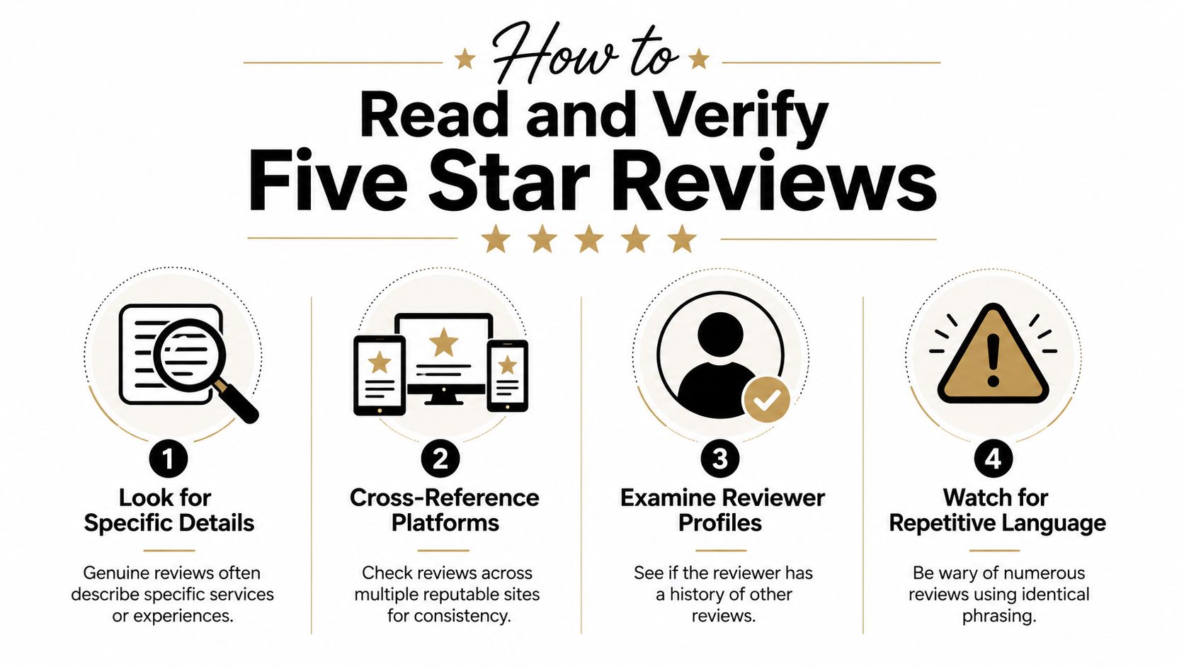 An infographic showing four steps to verify five-star reviews using specific details, cross-referencing, profiles, and language.