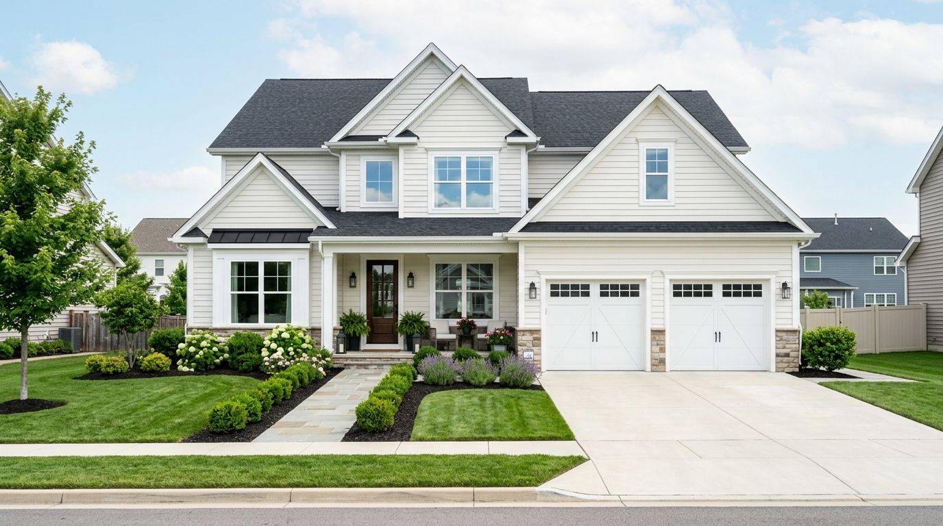 A beautiful two-story suburban house with a well-maintained lawn and a stone walkway leading to the entrance.
