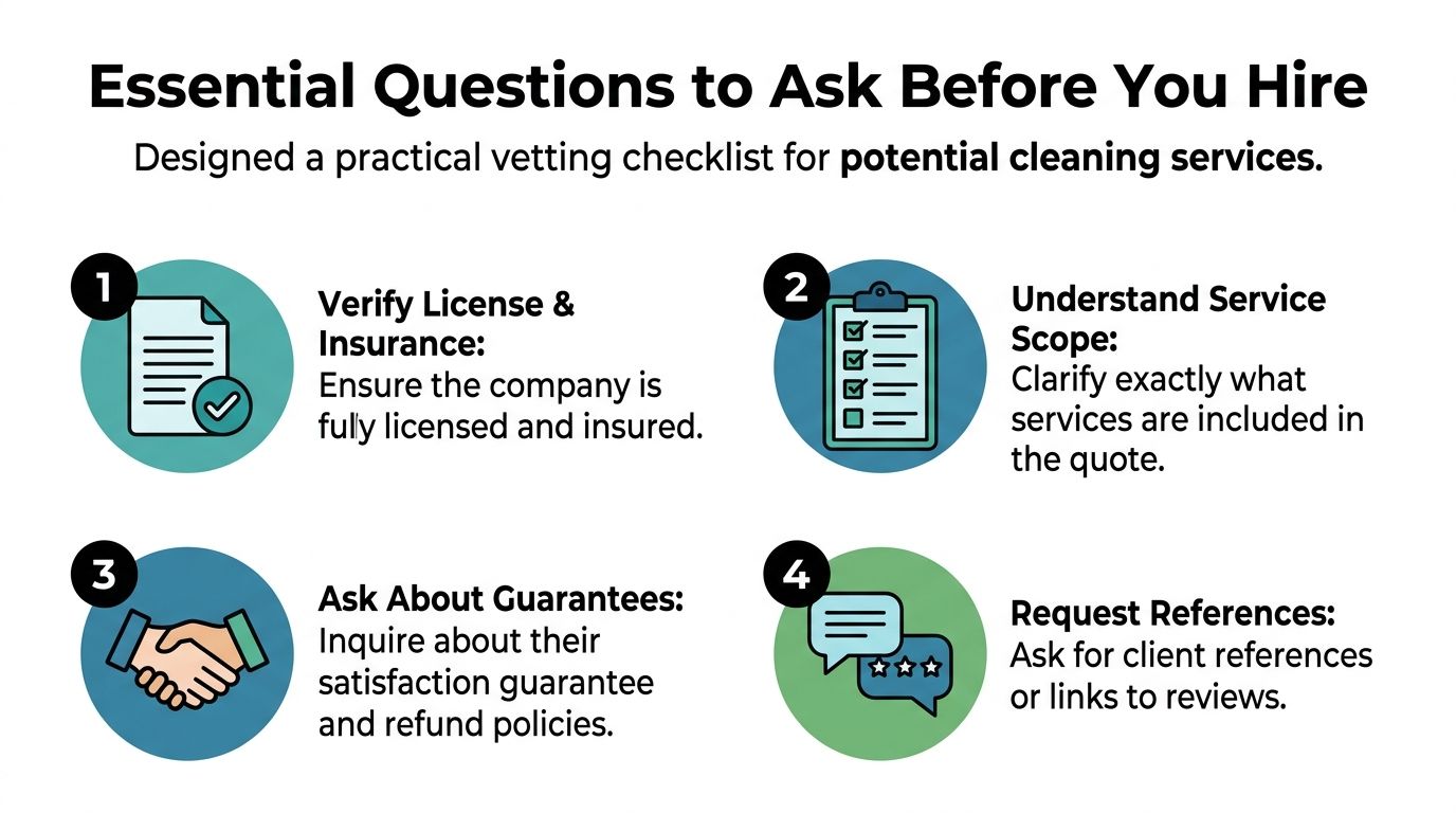 An infographic showing four essential questions to ask before hiring a professional cleaning service company.