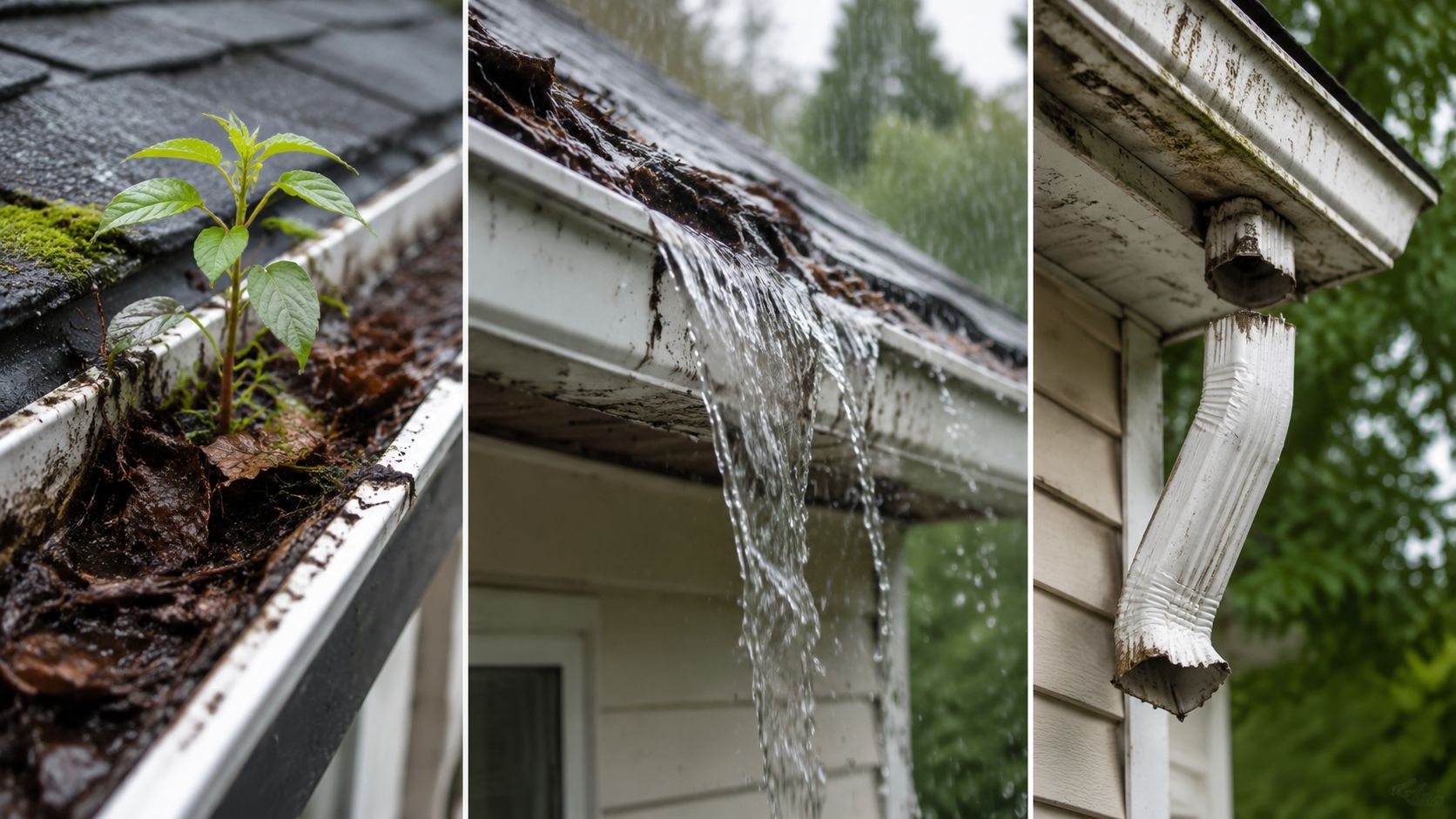 A close-up view of dirty, clogged house gutters overflowing with rainwater and growing weeds needing cleaning.