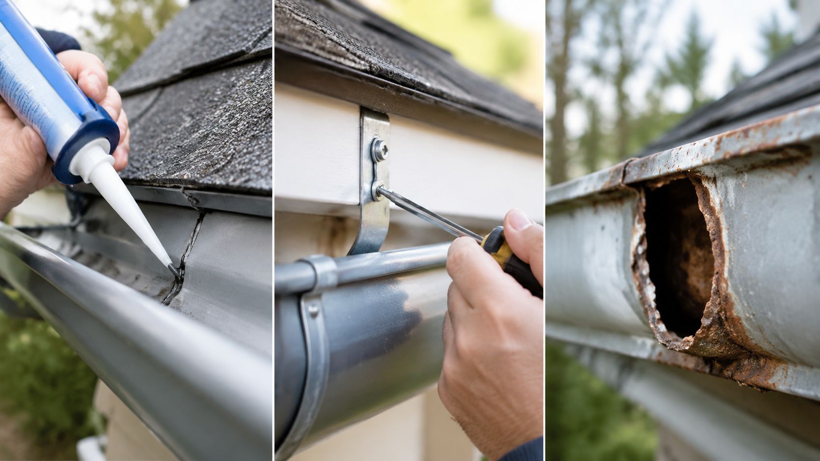 A split image showing a person repairing and sealing a damaged metal gutter on a residential house.