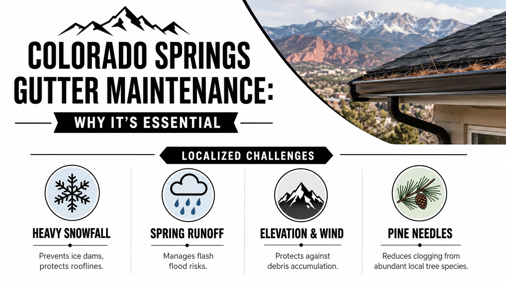 An informative graphic about essential gutter maintenance in Colorado Springs, illustrating common regional challenges and weather factors.