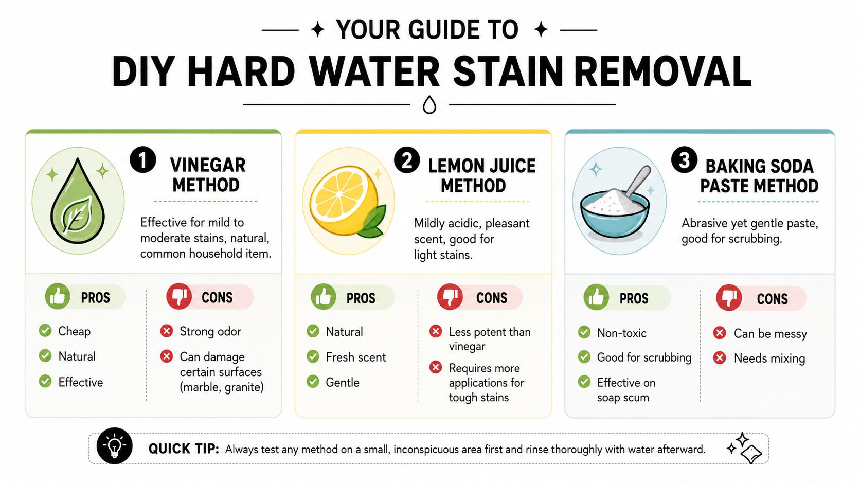 An infographic titled Your Guide to DIY Hard Water Stain Removal showing three cleaning methods with pros and cons.