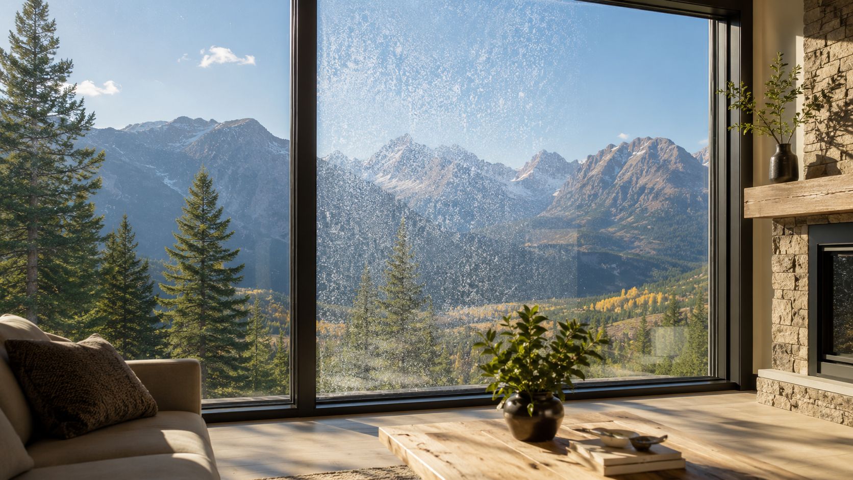 A modern living room window showing hard water stains with a scenic mountain view in the background.